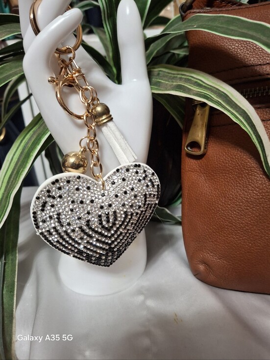 None Accessories - Heart Bag Charm Keychain with Crystal Stones Gold Tone Black